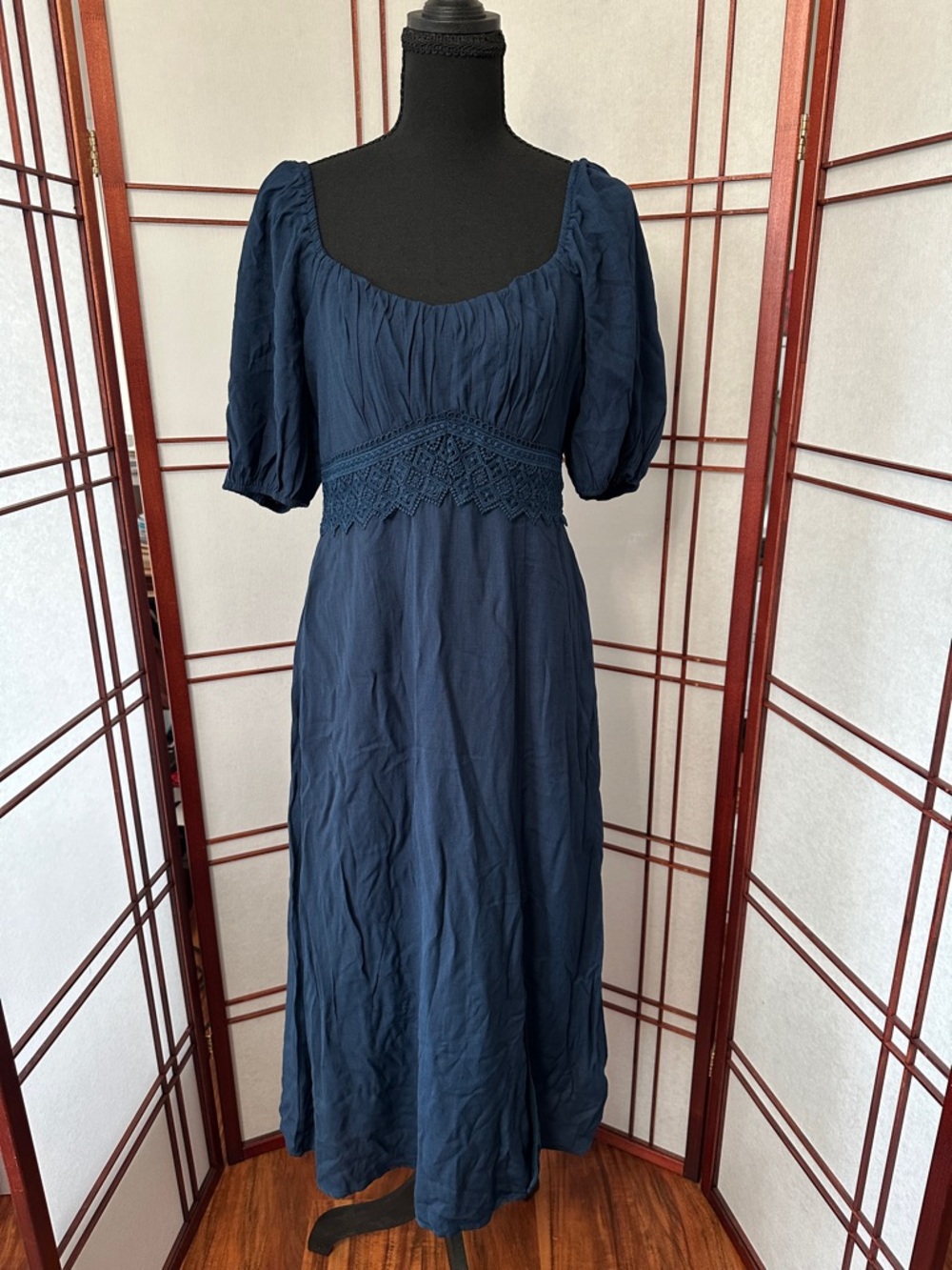 Women's Navy Square-Neck Maxi Dress with Crochet Waist